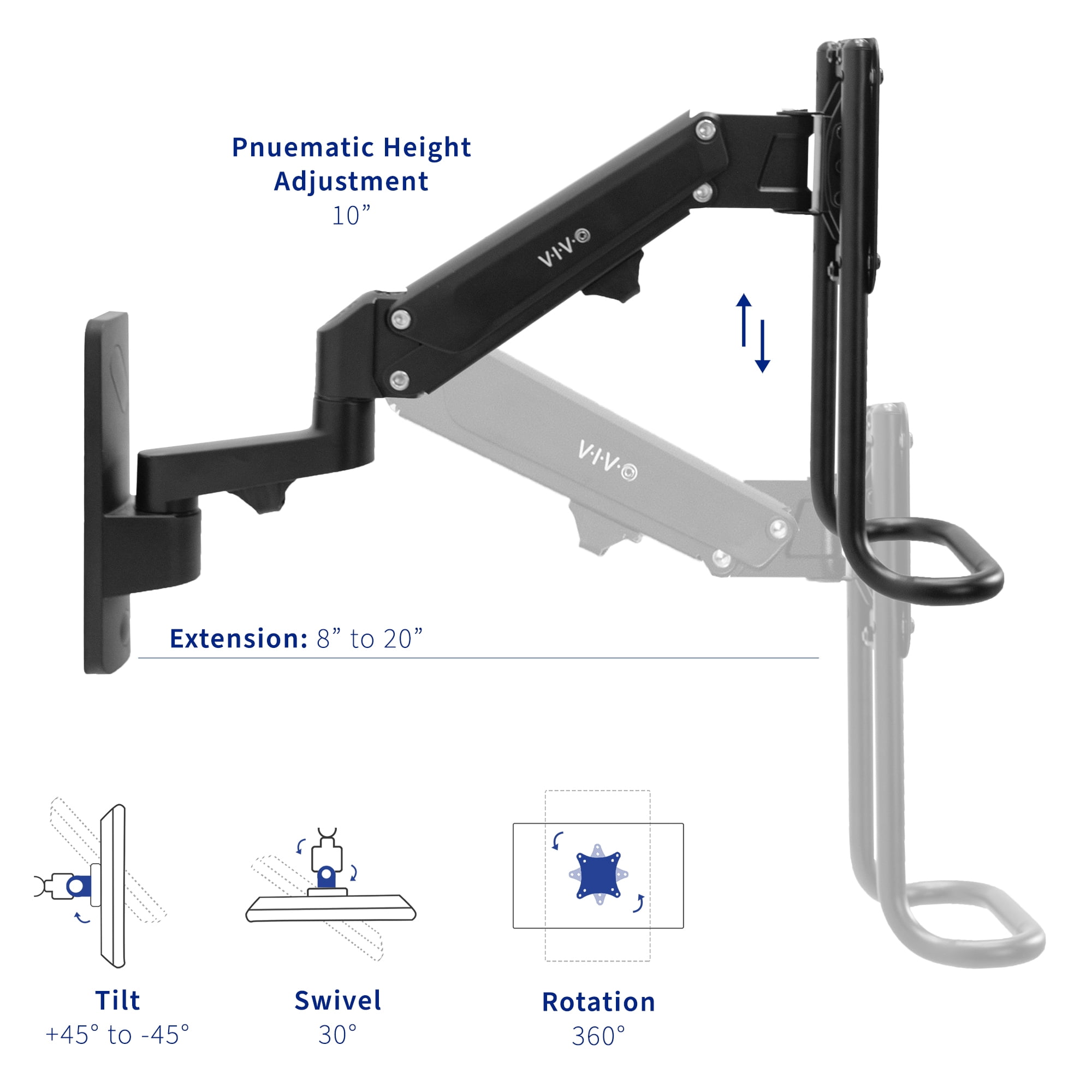 VIVO Dual Monitor Pneumatic Wall Mount, Fits 2 Screens up to 27" or 1 up to 49"