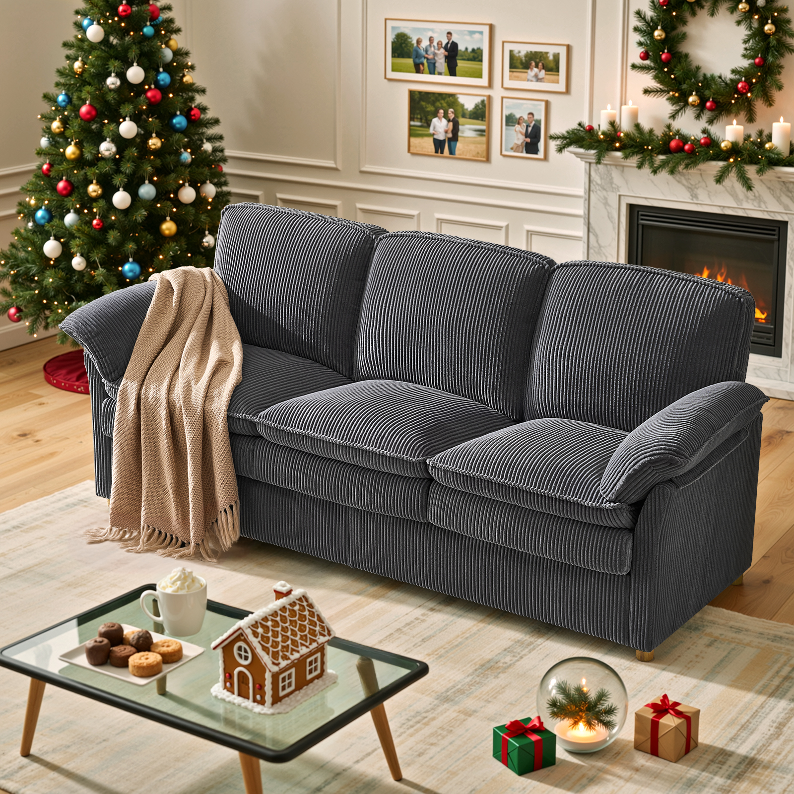 86.6" Corduroy Couches, Comfy 3 Seater Sofa with Pillow Top Armrest & Dual-Layer Cushions for Living Room Bedroom, Grey
