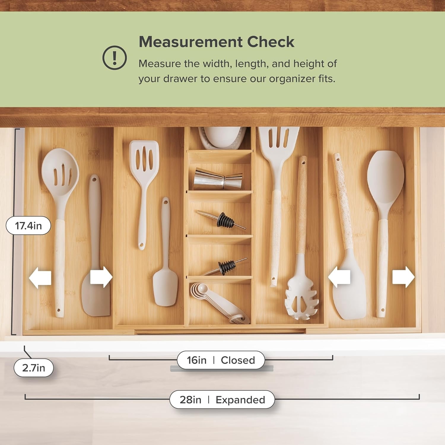 Adjustable Kitchen Drawer Organizer for Utensils and Junk, Food-Safe Contract Grade with 100%  Wood, Non-Slip, Expandable from 16" to 28" Wide - Bamboo
