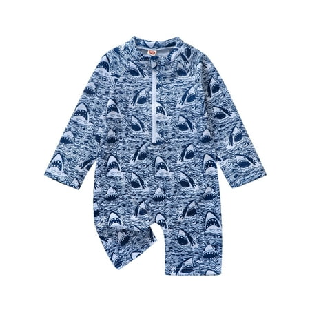 

Qtinghua Toddler Baby Boy Summer Swimsuit Short Sleeve Zipper Bathing Suit One-Piece Sun Protection Rash Guard Swimwear Blue Black Shark 3-4 Years