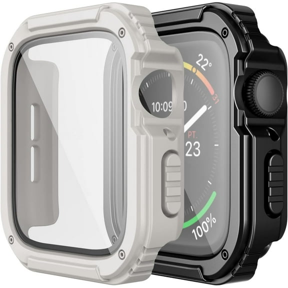 XIHAMA 2 Pack Rugged Case Compatible for Apple Watch 44mm Series SE/6/5/4 with Tempered Glass Screen Protector, Military All Around Hard TPU Protective Cover Case Shockproof Bumper for iWatch Men