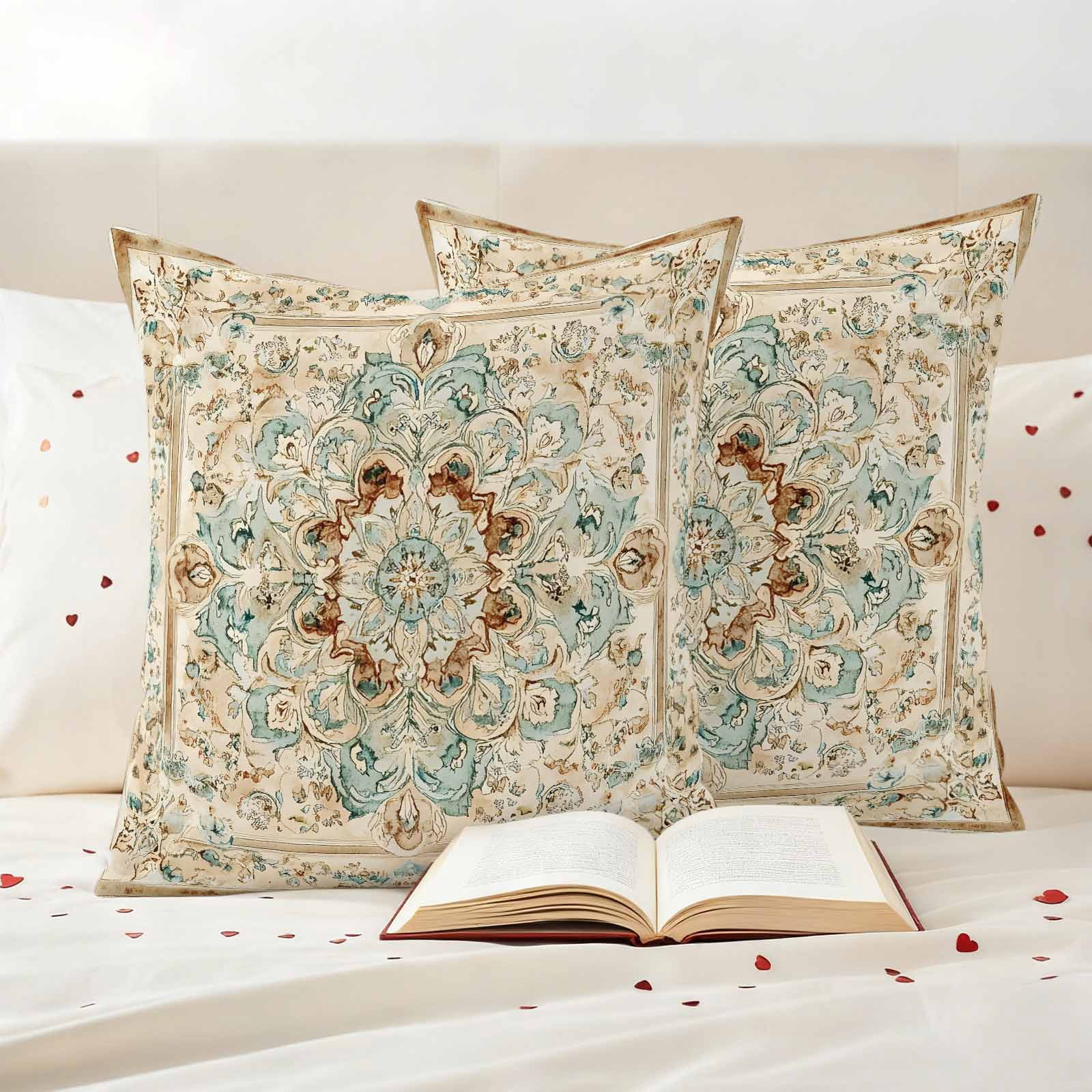 Sage Green Orange Floral Outdoor Waterproof Pillow Covers, Boho Vintage Botanical Ethnic Decorative Square Throw Pillowcase Sofa Cushion Sham for Patio/Couch/Chair, 16"x16" 2 Pack