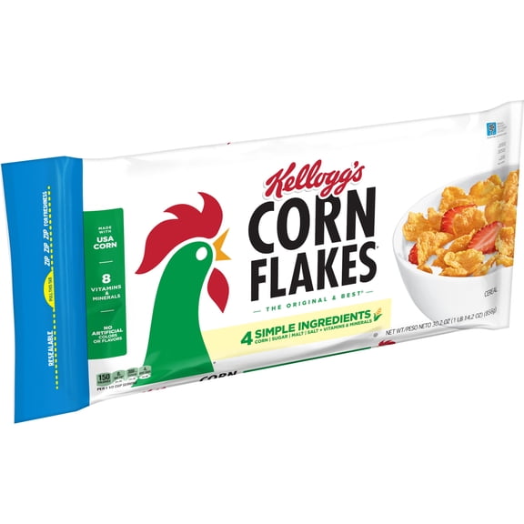 Kellogg's Corn Flakes Breakfast Cereal, 8 Vitamins and Minerals, 30.2 oz Bag