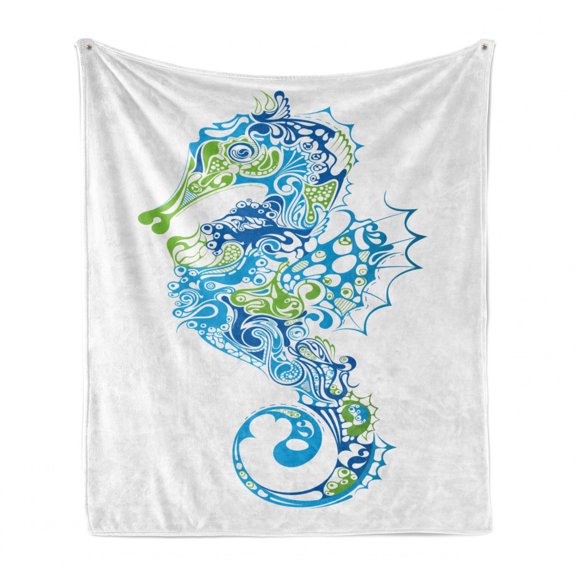 Seahorse Soft Flannel Fleece Throw Blanket, Seahorse Design with Abstract Curvy and Wavy Geometric Forms, Cozy Plush for Indoor and Outdoor Use, 60" x 80", Lime Green Night Blue, by Ambesonne