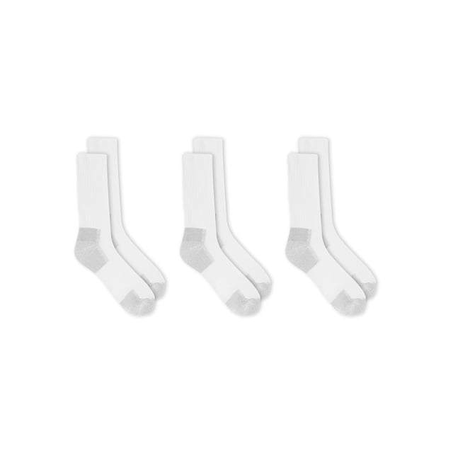 calcetines altos anchos dr. scholl's advanced relief blister guard® para hombre (paquete de 3) Tres pares de calcetines altos blancos con refuerzos grises en talón y puntera, caña acanalada y puño sin costuras para ajuste relajado; almohadillado en la planta y hilo Blister Guard® que reduce la fricción, con tecnología antimicrobiana y DS Dry™ para control de olor y humedad; también aptos para viajes largos por su comodidad.