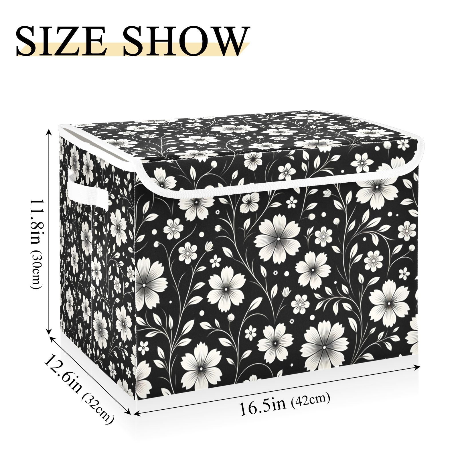 Retro White and Black Flowers Storage Basket for Shelves Foldable Container Organizer for Organizing Toys Clothes Books with Handles