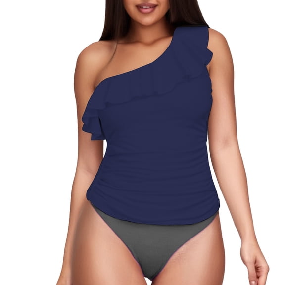 Clearance! Yajing Tankini Swimsuits for Women Women's Two Piece Swimsuits One Shoulder Tankini Tummy Bathing Suits Ruffle Swimwear M Blue