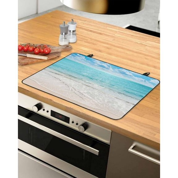 nqOlkjepod Large Induction Cooktop Protector Mat 28.5"x20.5", Teal Waves Coastal Stove Top Covers for Electric Stove, Summer Beach Sea Nautical Ocean Stove Burner Cover Mats, Glass Top Stove Cover