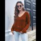 thumbnail image 4 of Suéteres de Otoño con Cuello Redondo de Crochet y Aberturas, Bonitos Suéteres de Invierno para Mujer, A Rojo-Marrón L, 4 of 8