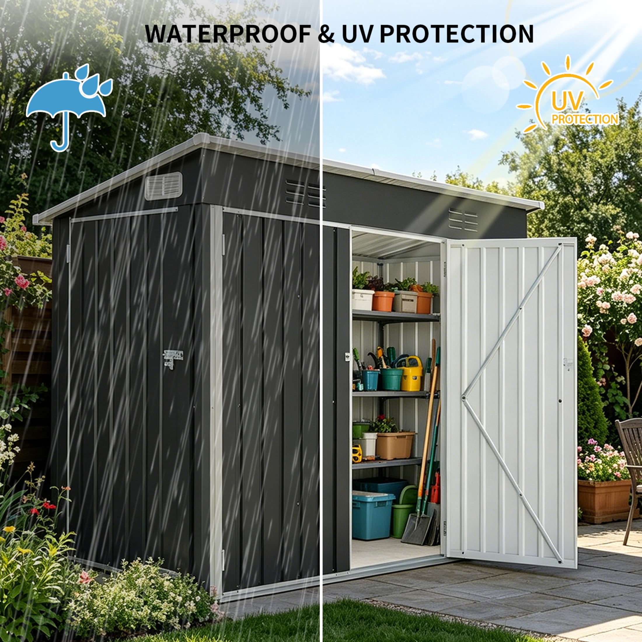 Noble House 4x8 FT Galvanized Steel Outdoor Storage Shed, Weatherproof 3-Door Metal Utility Shed, Black