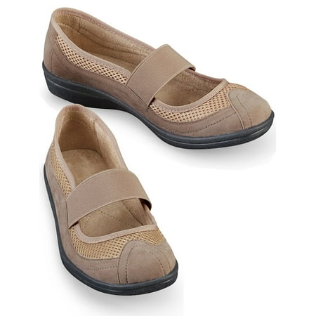Collections Etc Sporty Stretch Strap Mary Jane Comfort Slip-on Shoes  Microsuede Mesh Uppers  Insoles