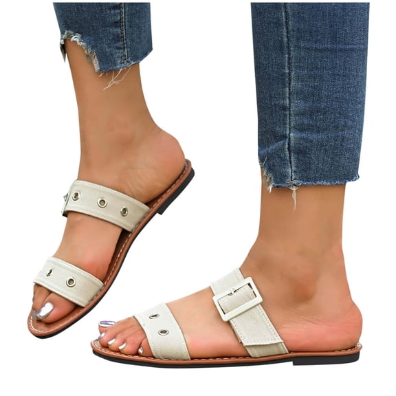 THDHVS Womens Sandals Comfortable,Womens Sandals,Women's Fashion Casual Buckle One-Line Spring and Summer Open-Toe Retro Flat Slippers Beige 6.5
