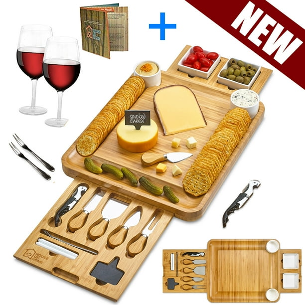 Bamboo Cheese Board set. Includes 2 Ceramic Bowls 2 Serving Plates. 2 Drawers