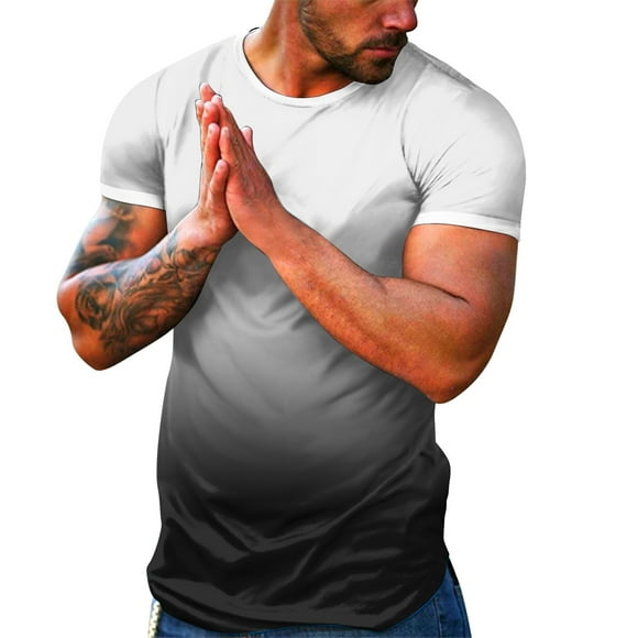 Ediodpoh Mens Spring Summer Casual Sports Colorblock Gradient Round Neck Pullover Short Sleeve T Shirt Tops for Men Trendy Khaki M