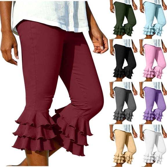 Lumtrix Capri Pants for Women Trendy Tiered Ruffle Hem Flare Leggings Bell Bottom Skinny Cropped Trousers with Pockets Purple 2XL