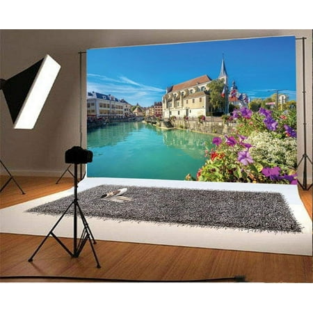 Image of ABPHOTO 7x5ft Photography Backdrop Church of Saint Francois de Sales in Annecy France River European Town Blue Sky Travel Photo Background Backdrops