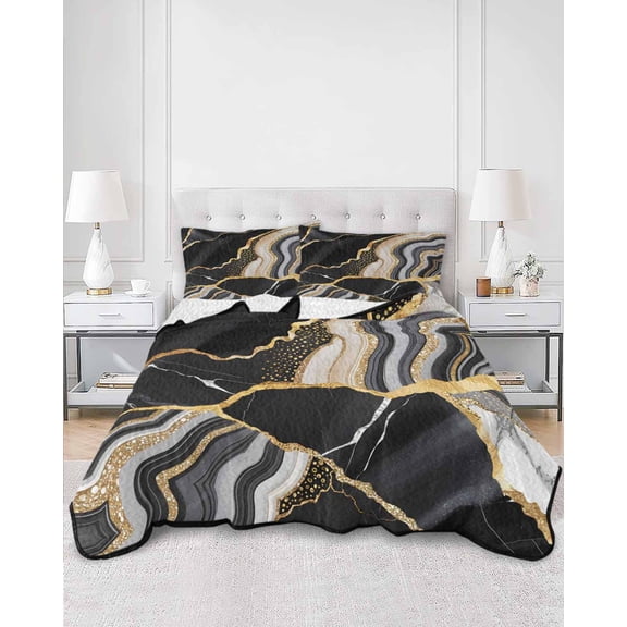 Quilts Twin XL Size, Black Marble Soft Comforter Bedding Set for Bed, Grey Gold Texture Vintage Farmhouse Art Lightweight Quilted Bedspread with Pillow Cover(2 Pieces) for All Season, 68x98 Inch