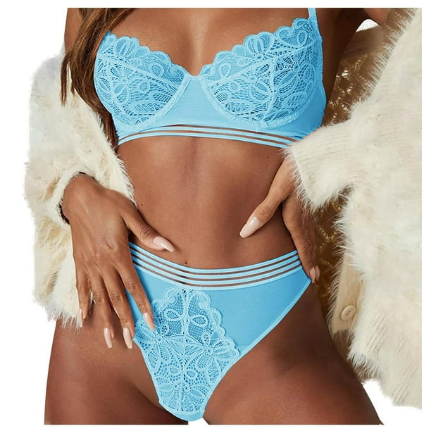 Feltree Women Sexy Lingerie Set Women Sexy Lace Lingerie Set Strappy Bra  And Panty Set Two Piece Babydoll Crotchless Lingerie Light Blue S 