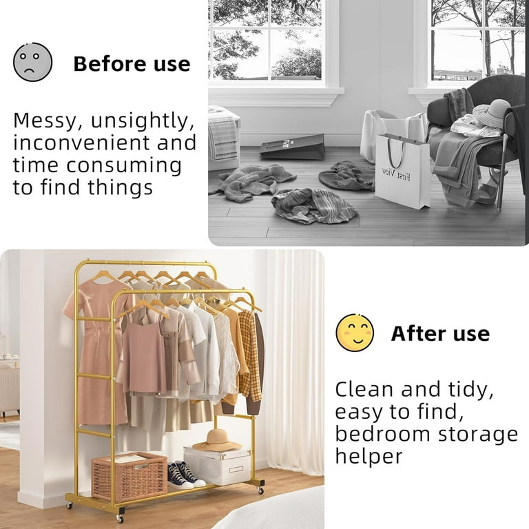 Double Rods Clothing Rack with Wheels Garment Rack for Hanging Clothes Multi functional Bedroom Clothes Rack Gold Walmart