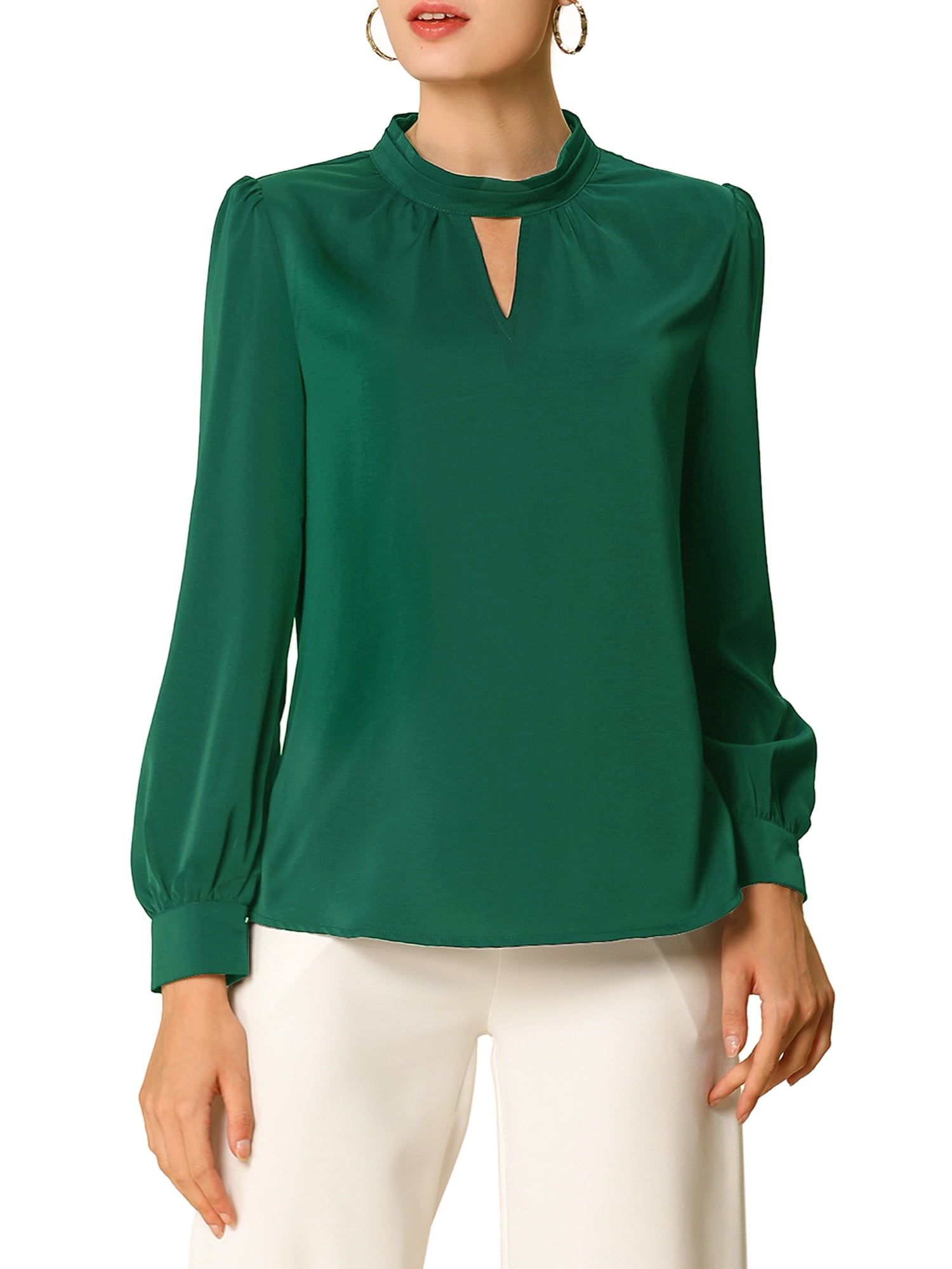 DARING DIVA Women's Stand Collar Long Sleeve Office Blouse S Green
