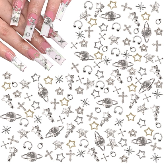 Style-Carry 120 Pcs Shiny Star Nail Charms Silver Gold Rhinestone Nail Gems Metal Ornaments for Nail Art Decoration