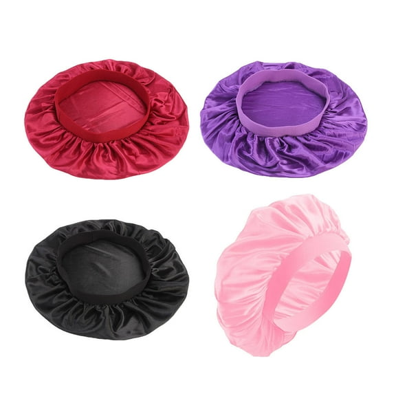 4pcs Imitated Silk Dome Nightcaps Elastic Wide Round Chemotherapy Caps for Lady (Black Purple Wine Red Pink for Each 1pc)