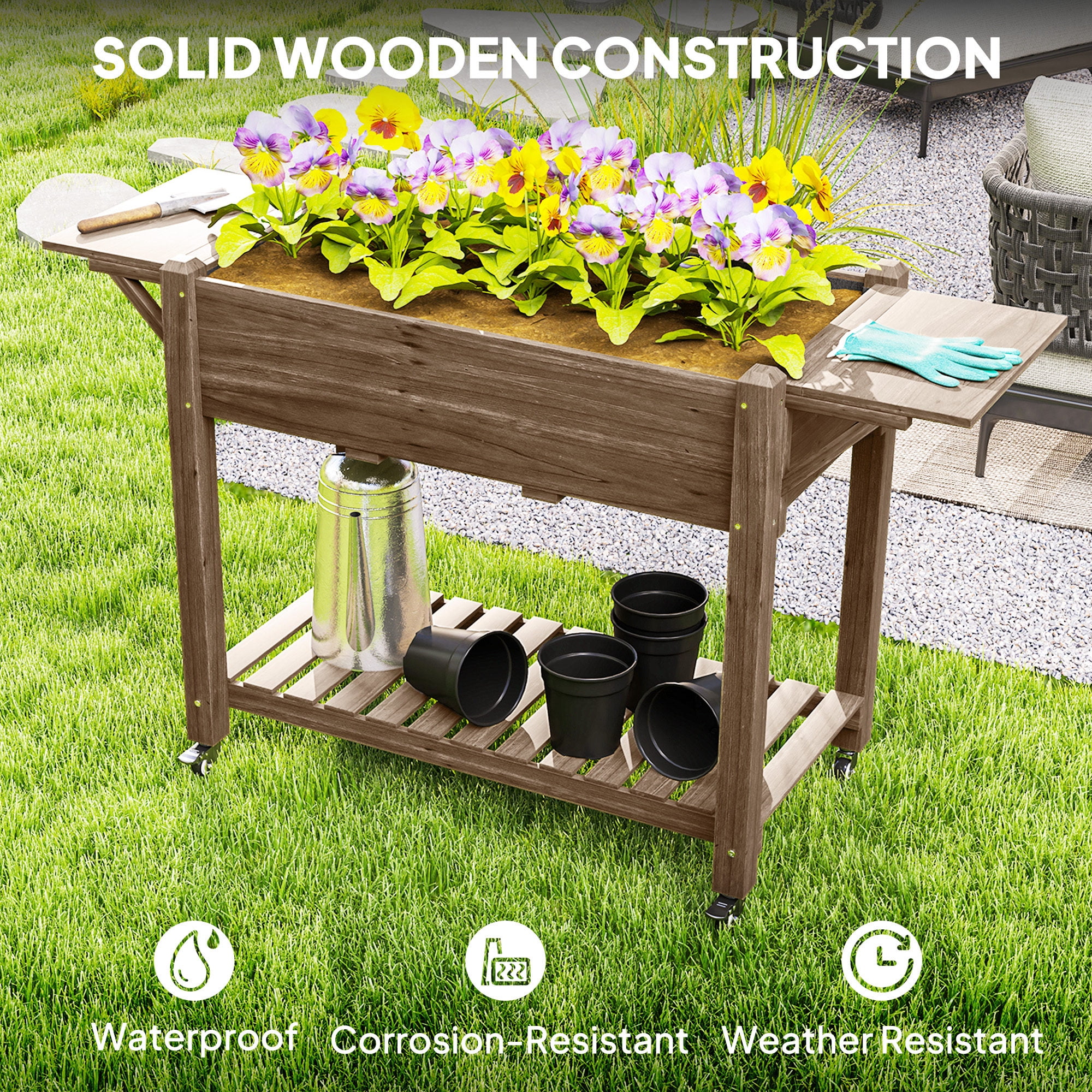 Outsunny Raised Garden Bed, Wood Elevated Planter Box with Lockable Wheels, Side Tables, Bottom Shelf, Bed Liner and Drainage Holes, Carbonized