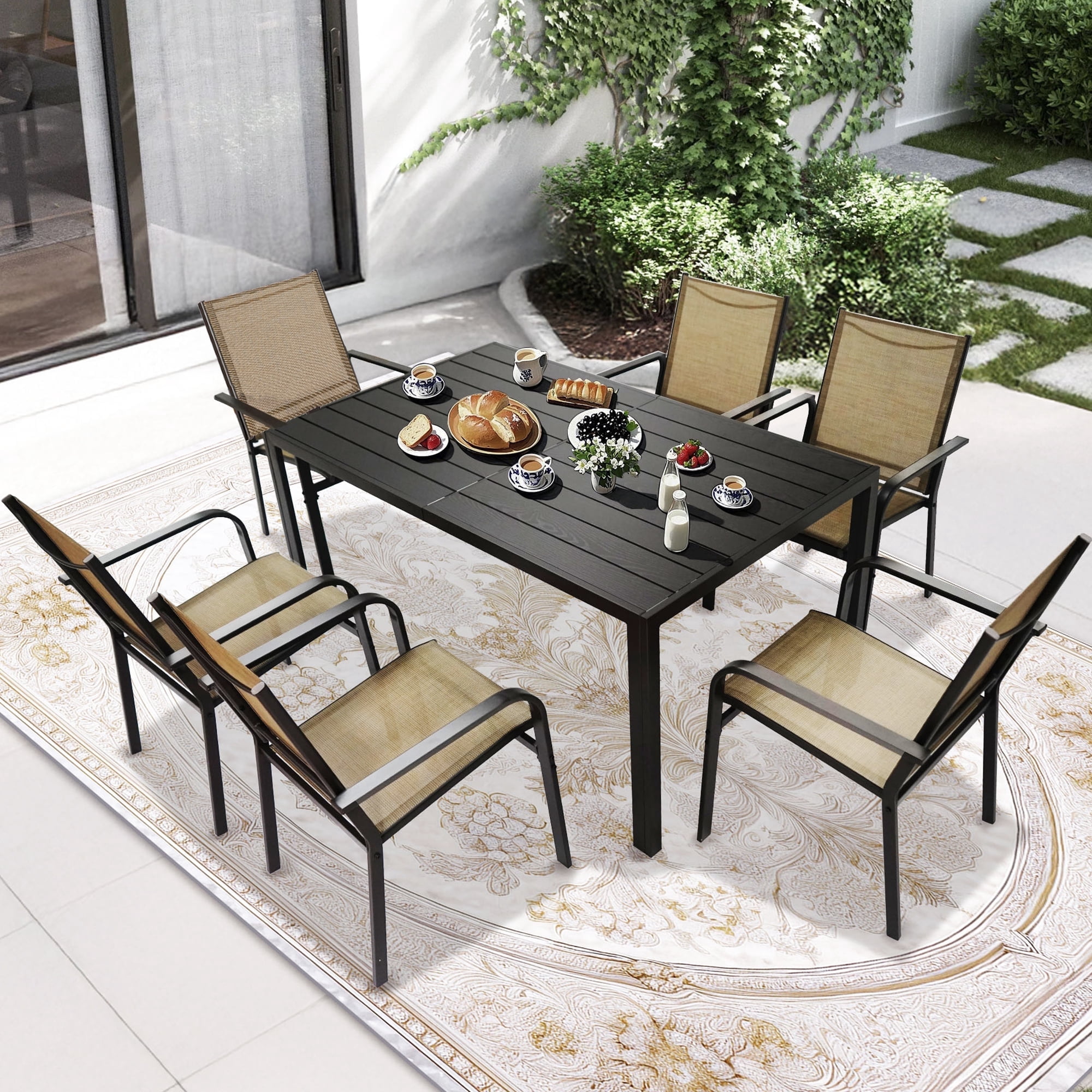 7-Piece Outdoor Dining Table Set, Patio Dining Table Set for 6, Patio Furniture Outdoor Table and Textilene Chairs, HDPE Tabletop, Reinforced Frame, Brown