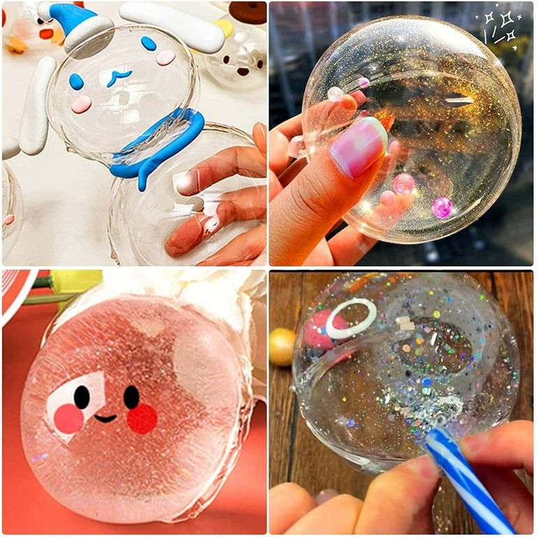 Nano Double Tape Bubbles Kit,Double Sided Tape Magic Plastic Bubbles with  10 Straws and 12 Packs Glitter,Nano Tape Elastic Bubble Squishy DIY  Kit,Party Favors Toys Gift for Kids, Adults (Clear) 