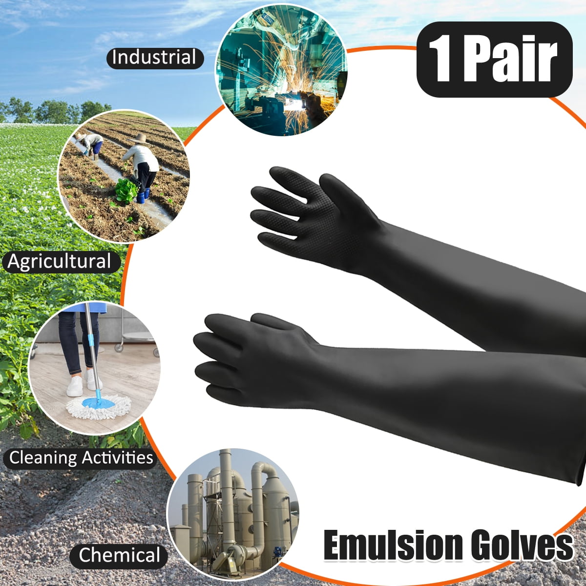 60cm Black Protective Industry Gloves Anti Chemical Acid Alkali Rubber Gloves