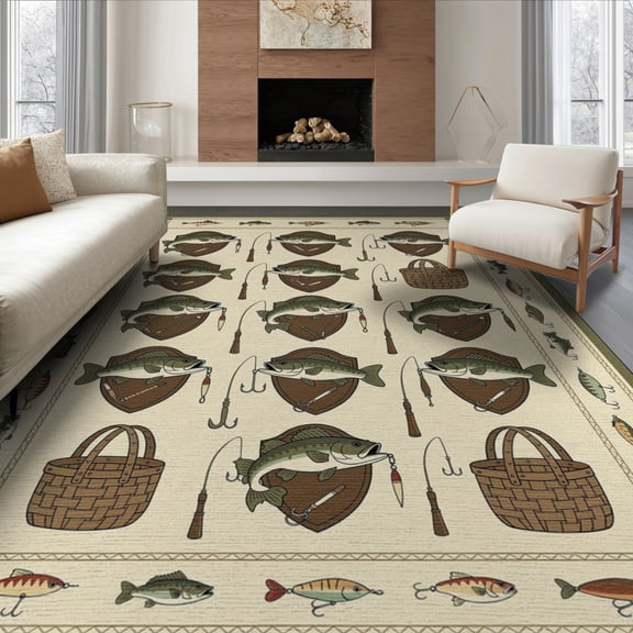 ODIKA 8'x10' Washable Area Rug Fish Cabin Vintage Bass Angler Motifs Theme Trout Lure Fishing Flowing Dynamic for Living Room, Under Sectional, Family , Durable, Non-Slip