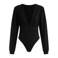 thumbnail image 6 of larppty Women's Sexy Ruched Deep V Neck Long Sleeve Bodysuit Plunging Neckline Leotard Shirts（Black， XL）, 6 of 9