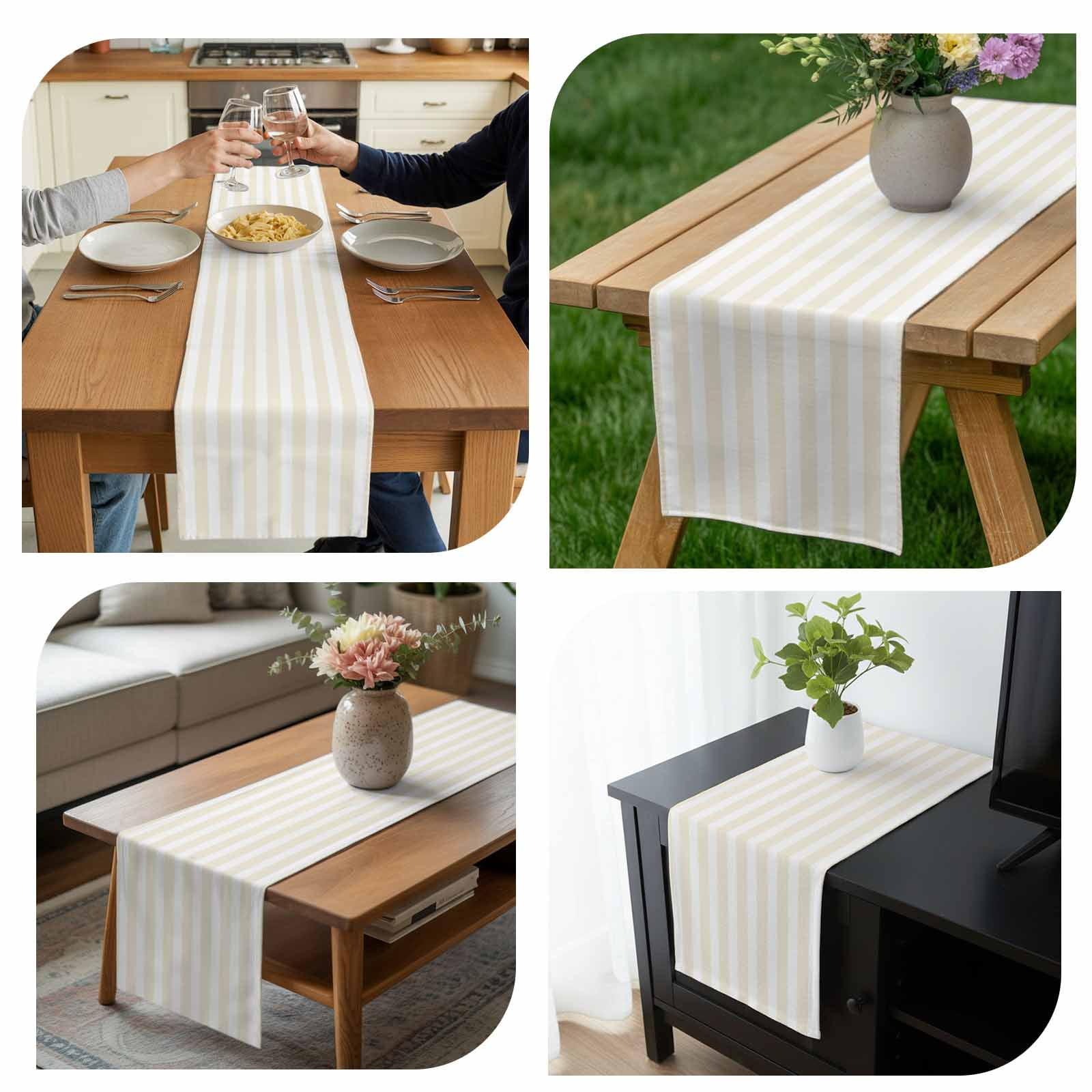 Cream and Table Runner 13x90 inch White Striped Geometric Cotton Linen Dining Table Runner Ideal for Dresser Kitchen Coffee Tables - Machine Washable
