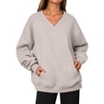 thumbnail image 2 of VV AVEORS Womens V Neck Sweatshirt With Pockets Hoodless Hoodies Fleece Pullover Dressy Casual Loose Fit Long Sleeve Tops Beige 2XL, 2 of 9