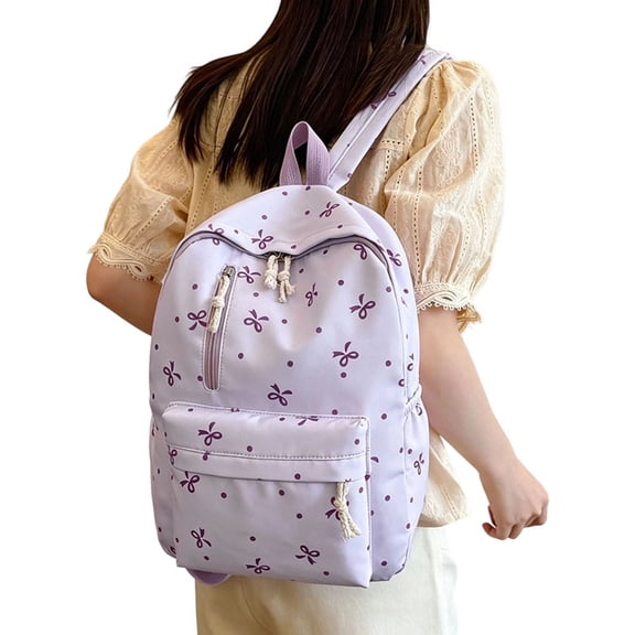 Bow Print Nylon Backpack, Lightweight Large Capacity Casual Daypack, Multi Pocket Adjustable Shoulder Strap Bookbag for School Daily Travel