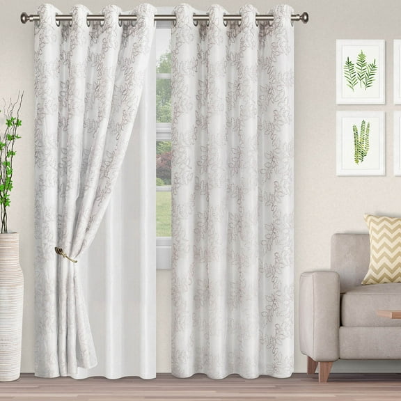 Boho Leaves Pattern Panels Sheer Curtains, 52" x 108", Grey