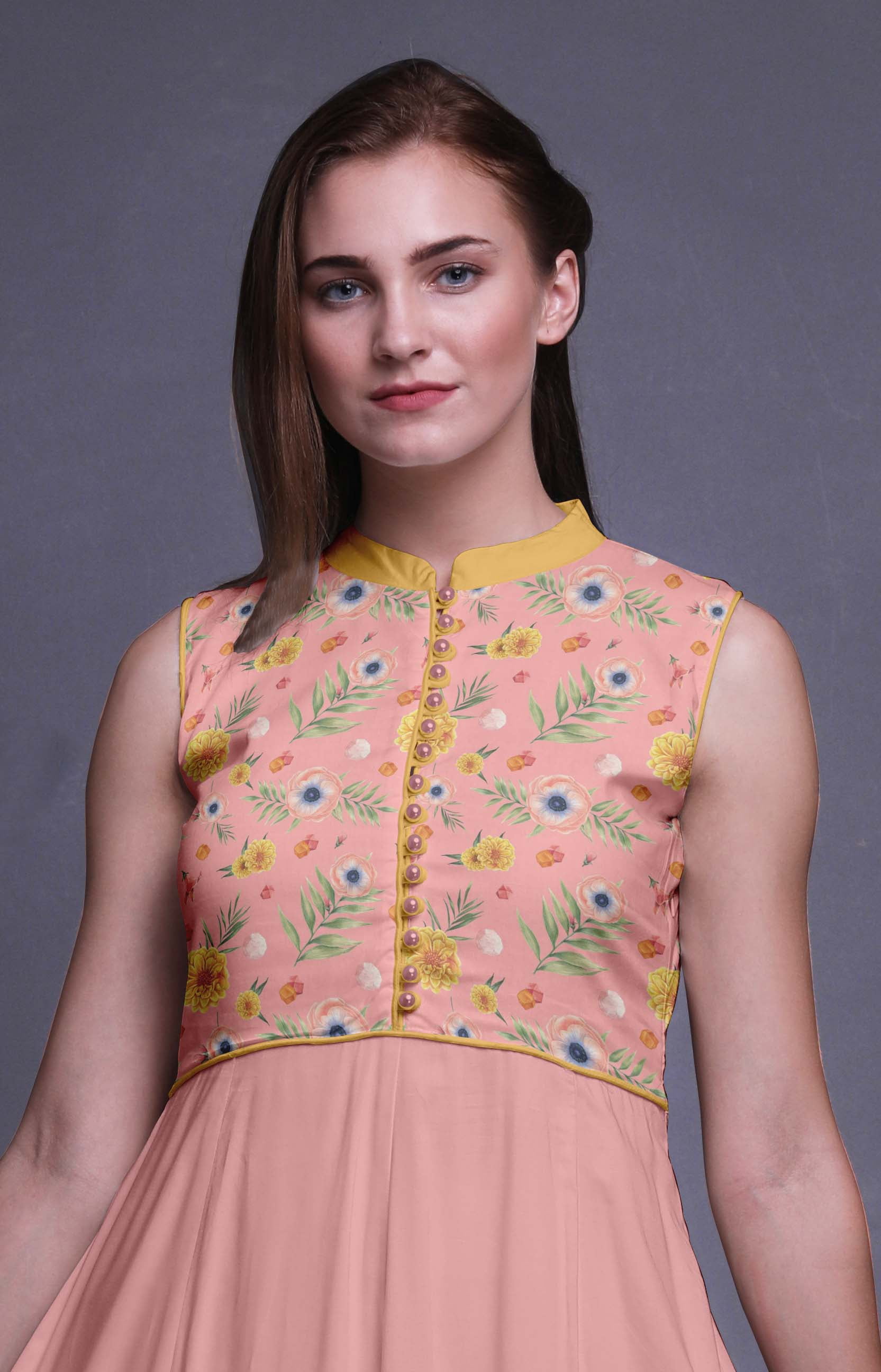 Bimba Women's Peach Flared Anarkali Kurta - Cotton, 50 Inch Length, 3/4 Sleeves, Floral Design - View #7