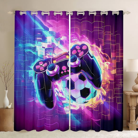 Manfei Gamepad Game Lovers Black Out Curtains,Geometric Honeycomb Hexagon Curtains Pack of 2 (42x63 Each),Purple Black Bedroom Curtains For Boys Kids,Ultra Soft Home Decor