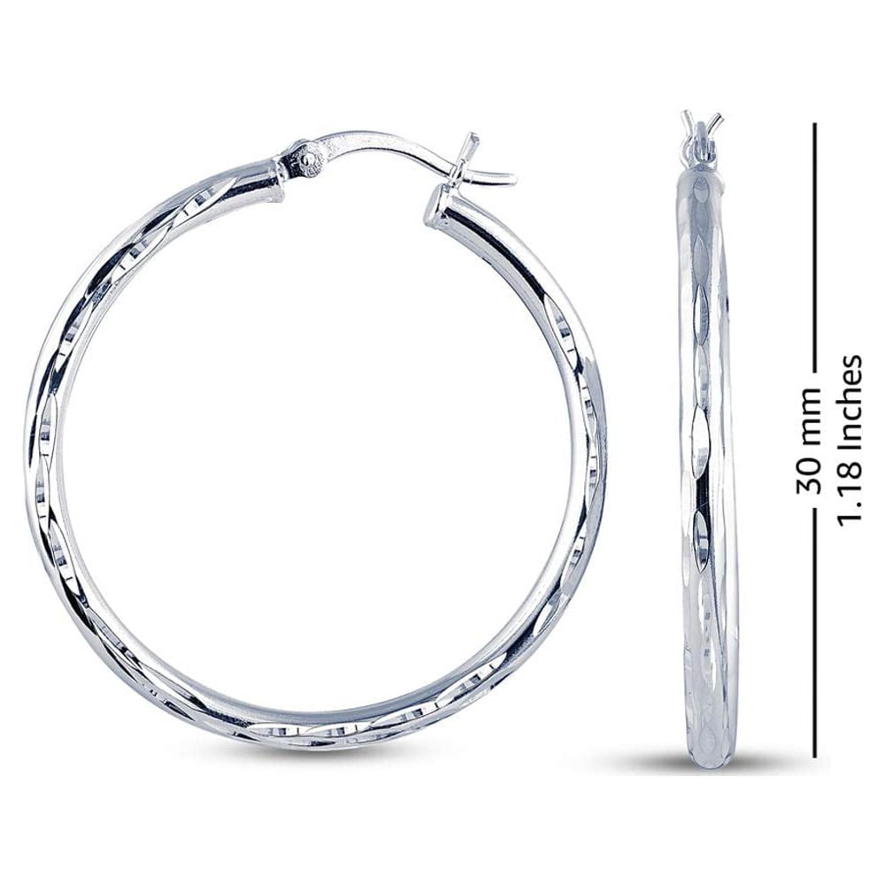 LeCalla 925 Sterling Silver Hypoallergenic Hoop Earrings, 2.5MM Thick, 30MM Italian Click Top Diamond-Cut