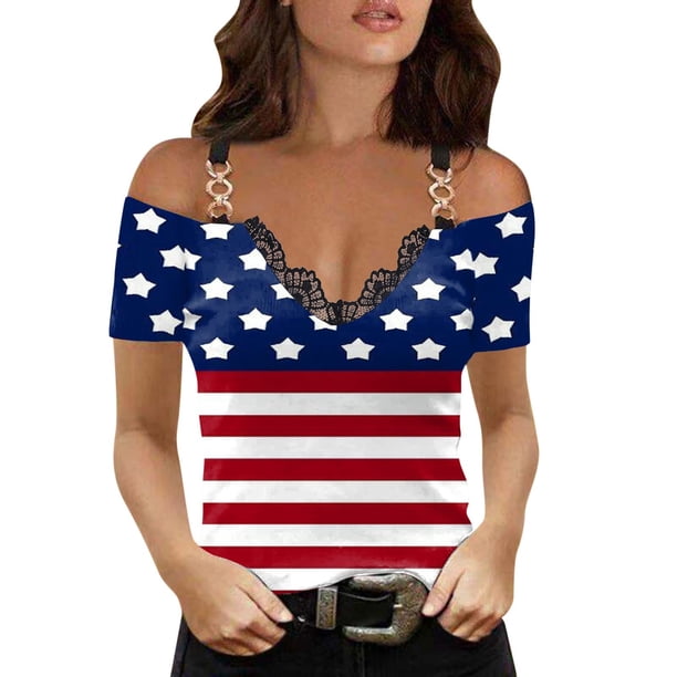 Moda Mujer Causal V-Cuello Día de la independencia Blusa con estampado de encaje Camiseta de manga corta Tops de verano Fridja hjk4227