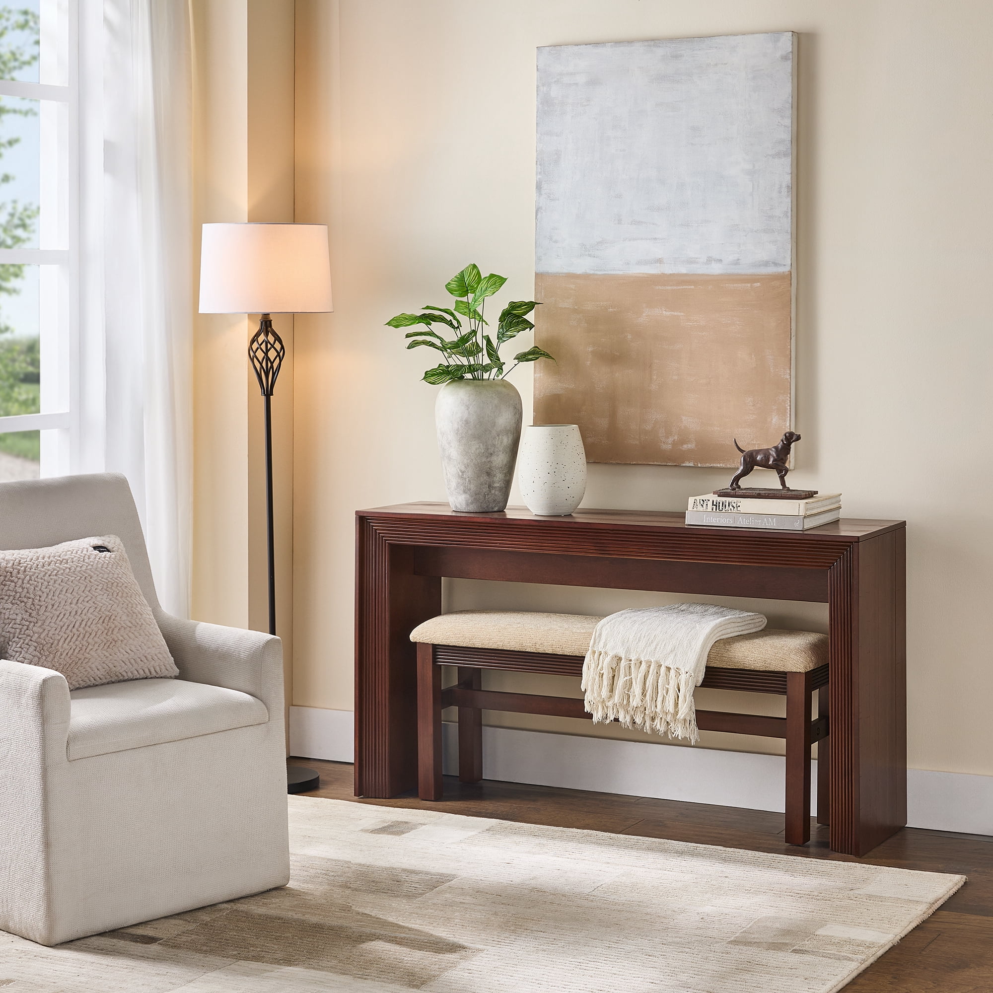 Fluted Counter Height Bar Table Set for 2, Dining Table with Fabric Upholstered Bar Stool with Solid Wood Legs, Dining Table Behind Couch for Breakfast