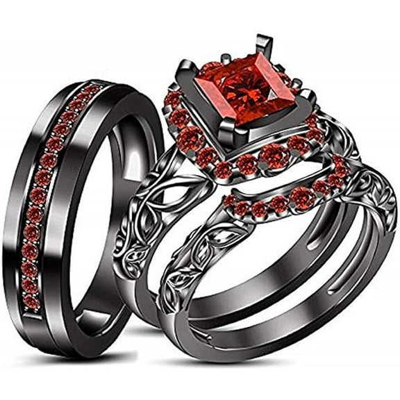beryl_creation 1.50 Ct Princess Cut Red Ruby Wedding Engagement Trio Ring Set 14K Black Gold Plated 925 Sterling Silver For Unisex -7