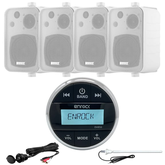 Enrock Multimedia Gauge Mount Marine Grade Bluetooth Receiver, 4 x Enrock 4" 3-Way Indoor/Outdoor Box-Speakers Audio System (White), Auxiliary Interface Mount, Radio Antenna