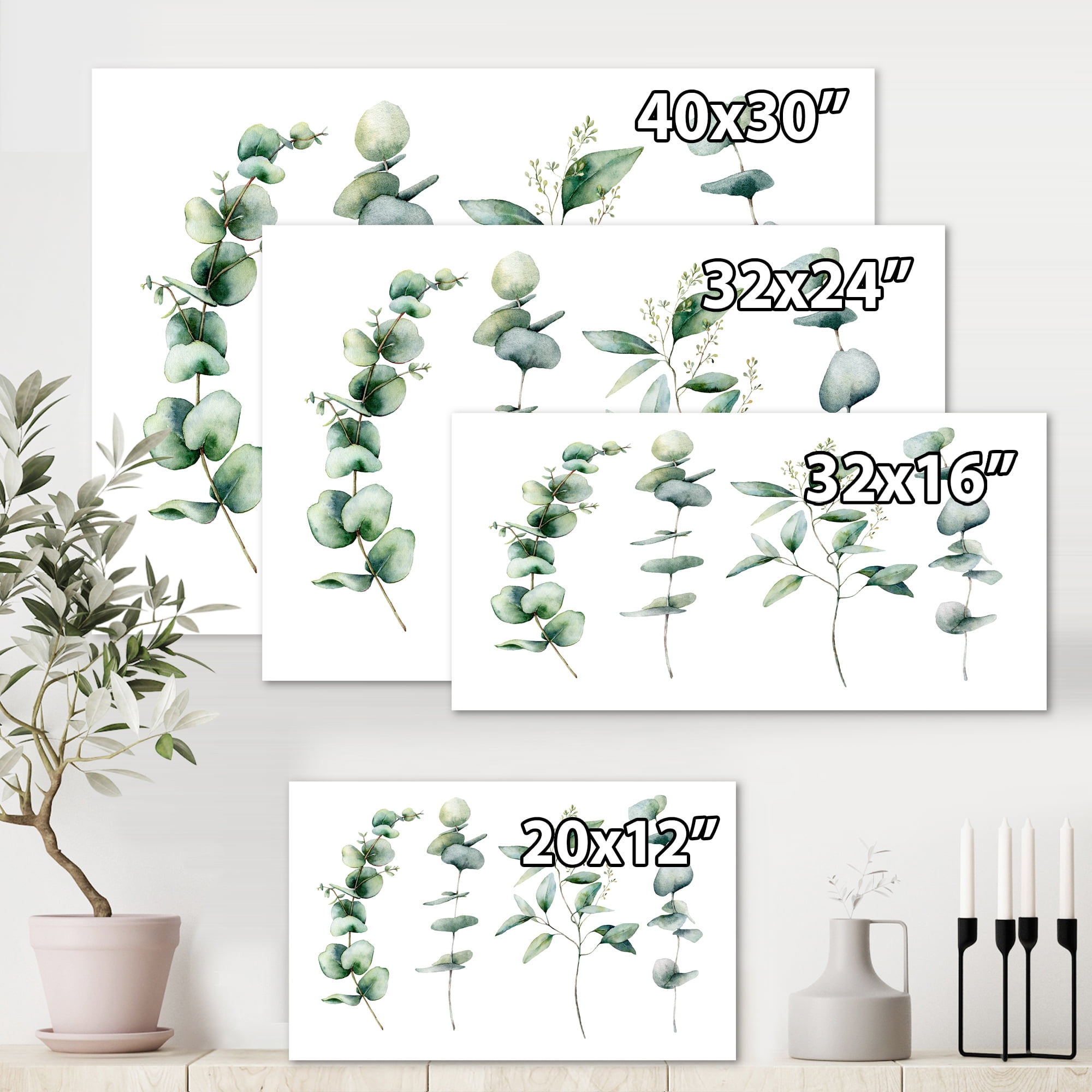 Green Eucalyptus Plant Branches I 12 in x 8 in Painting Canvas Art Print, by Designart