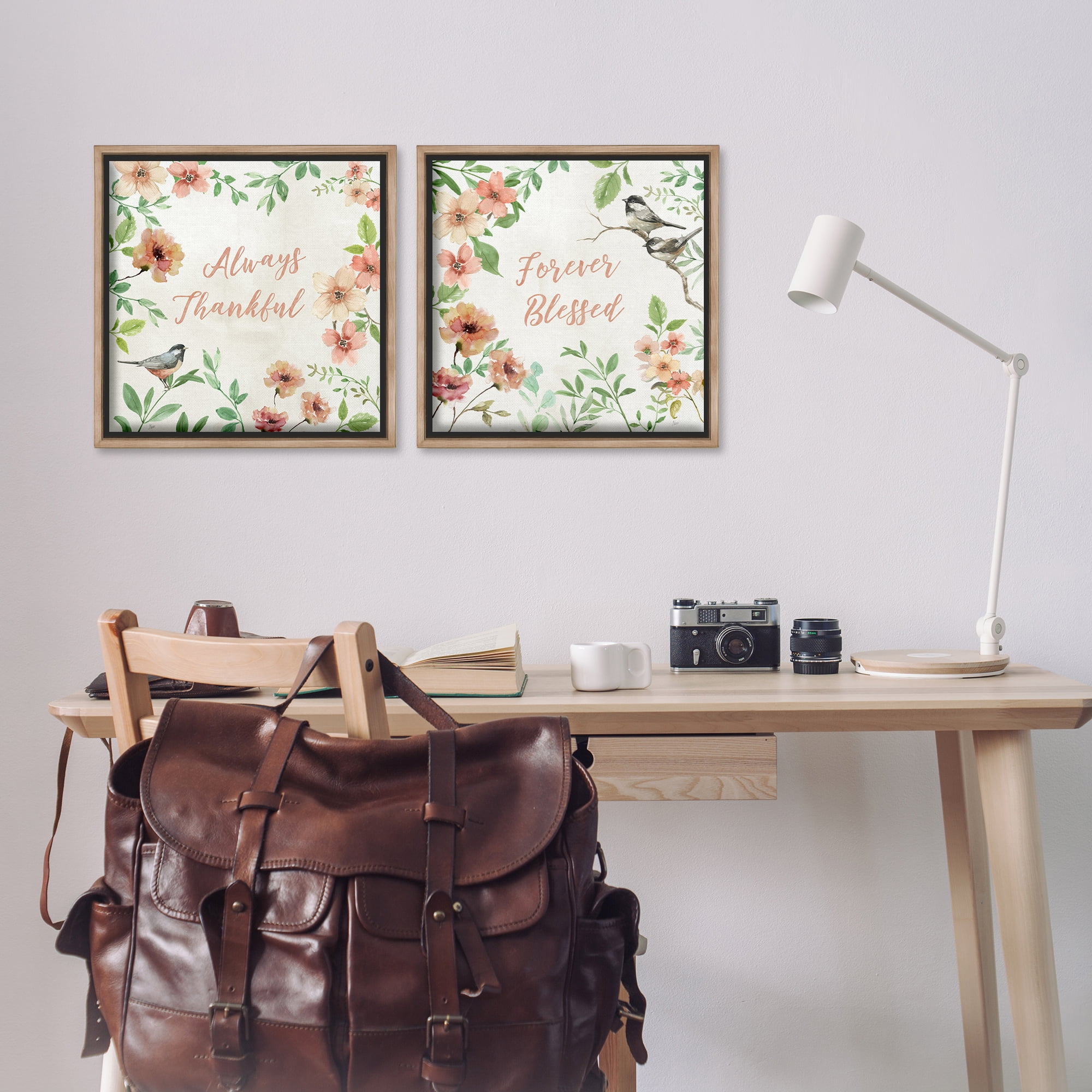 Stupell Industries Always Forever Bird Plants & Flowers Painting Brown Floater Framed Canvas Art Print Wall Art, 18 x 18, Set of 2