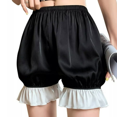 QIJIE Lolita Ruffle Shorts for Womens Teens Teenagers 100% Cotton Pants Bloomers Black M