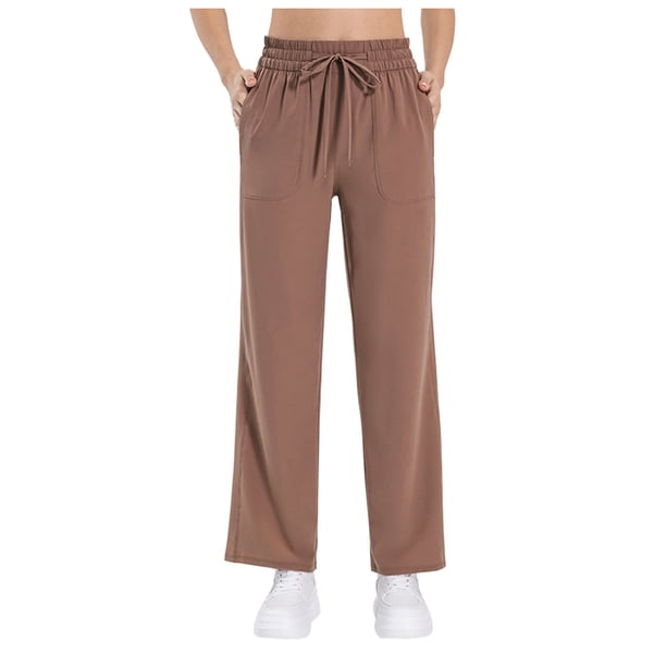 Pantalones deportivos casuales de mujer con pernera ancha, bolsillos y cordón ajustable - Poliéster elástico en 4 direcciones, cintura alta, protección UV para yoga/actividades al aire libre