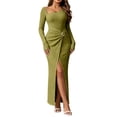 thumbnail image 2 of Levmjia Women Off Shoulder Maxi Dress Long Sleeve High Slit Elastic Slim Bodycon Evening Cocktail Party Night Holiday Events Solid Color, 2 of 8