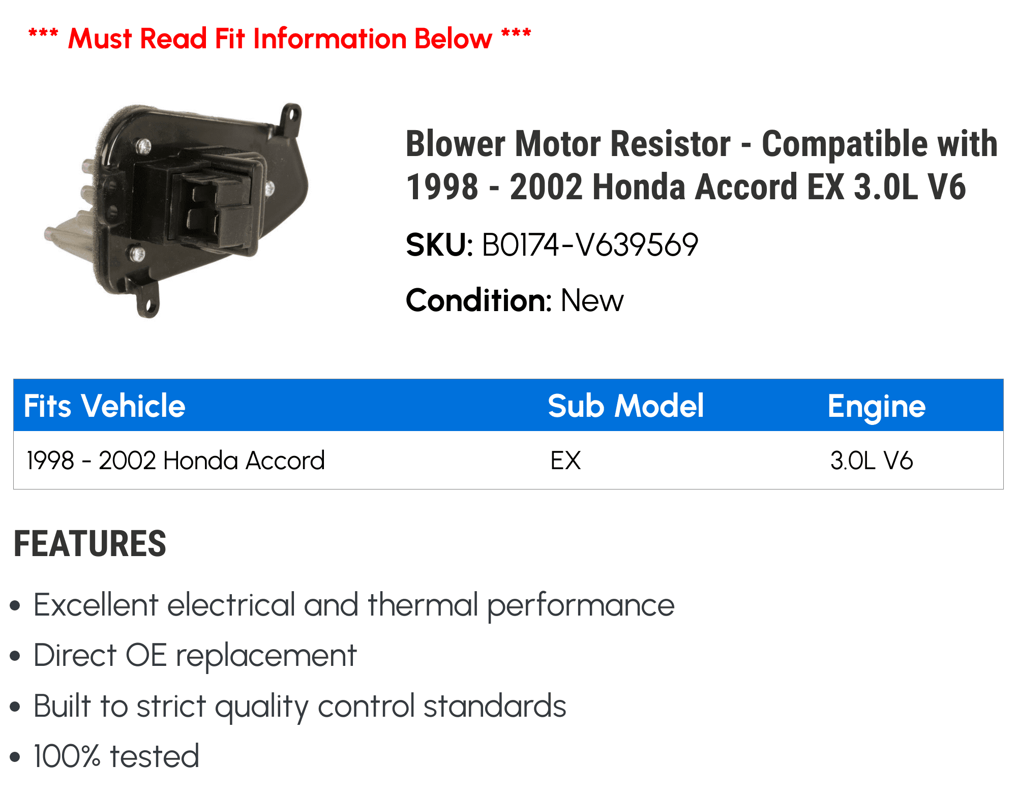Blower Motor Resistor - Compatible with 1998 - 2002 Honda Accord EX 3.0L V6 1999 2000 2001