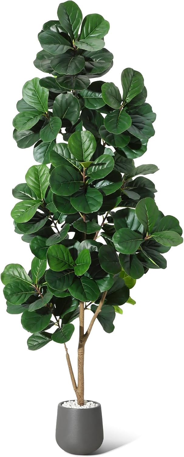 7FT Fiddle Leaf Fig Tree Artificial, Realistic Faux Ficus Lyrata Trees with 141 Leaves, Indoor Fake Floor Plants for Home Office Living Room Decor, with 9" Gray Planter Pot